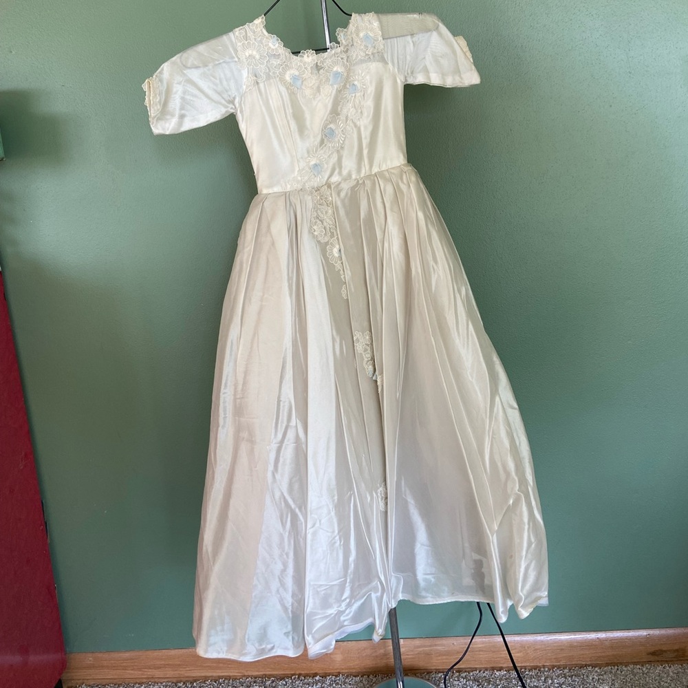 Vintage Party Dress 1950's White Communion Flower Girl Blue Floral Cottage Core